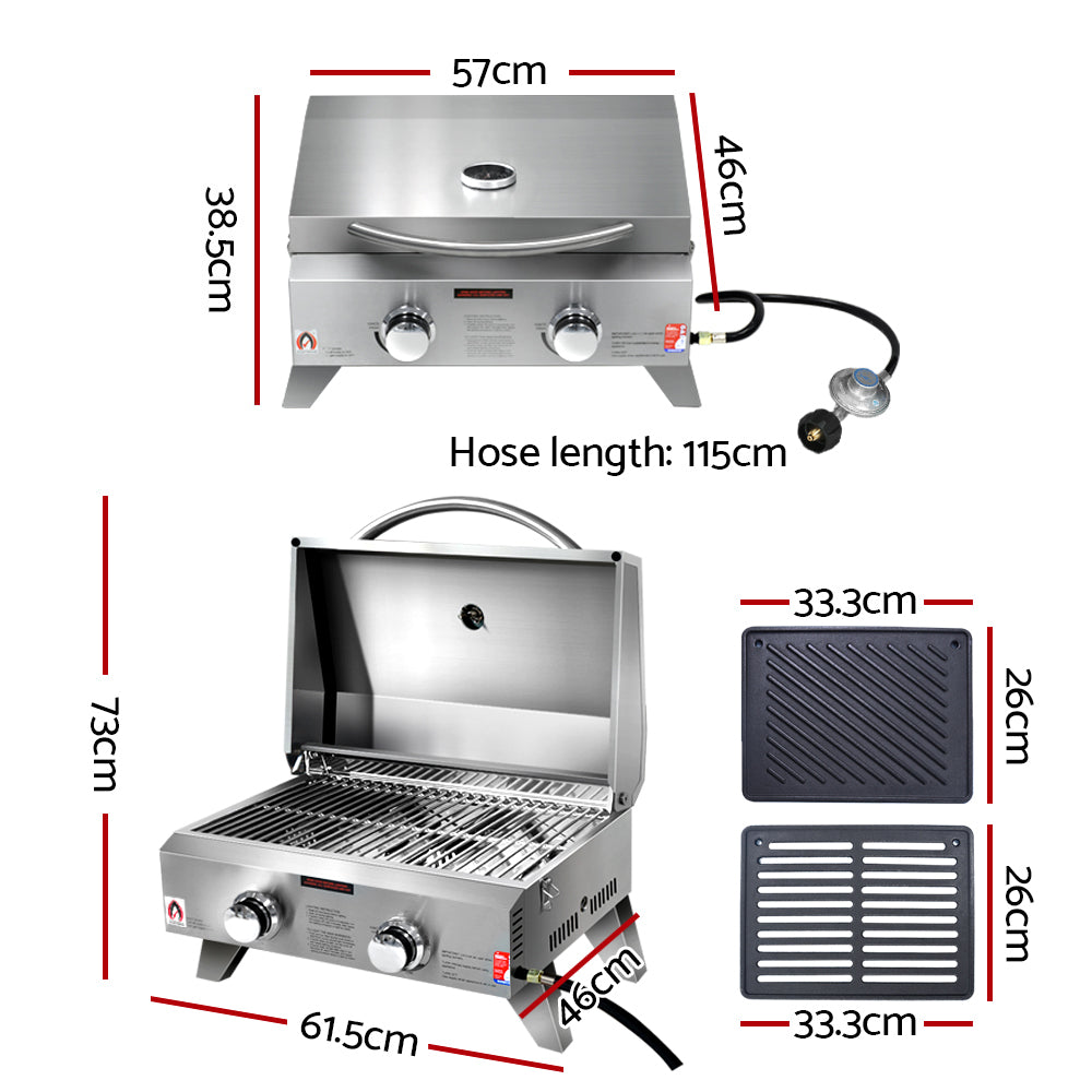 Grillz Portable Gas BBQ Grill 2 Burners with 2 Plates